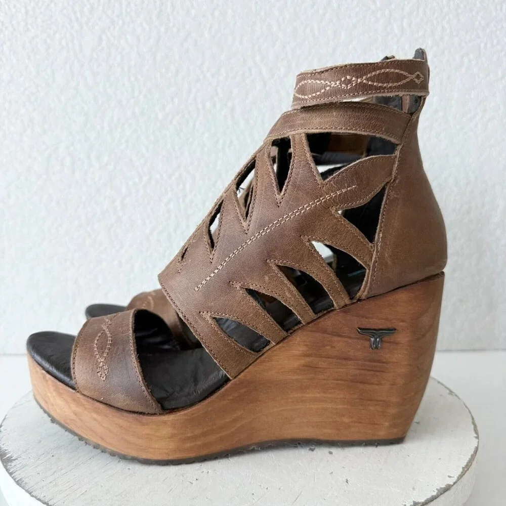 NEW Lane Boots BECCA Womens Brown Wedges Sz 9.5 Western Sandals Cowgirl Leather - Picture 5 of 12